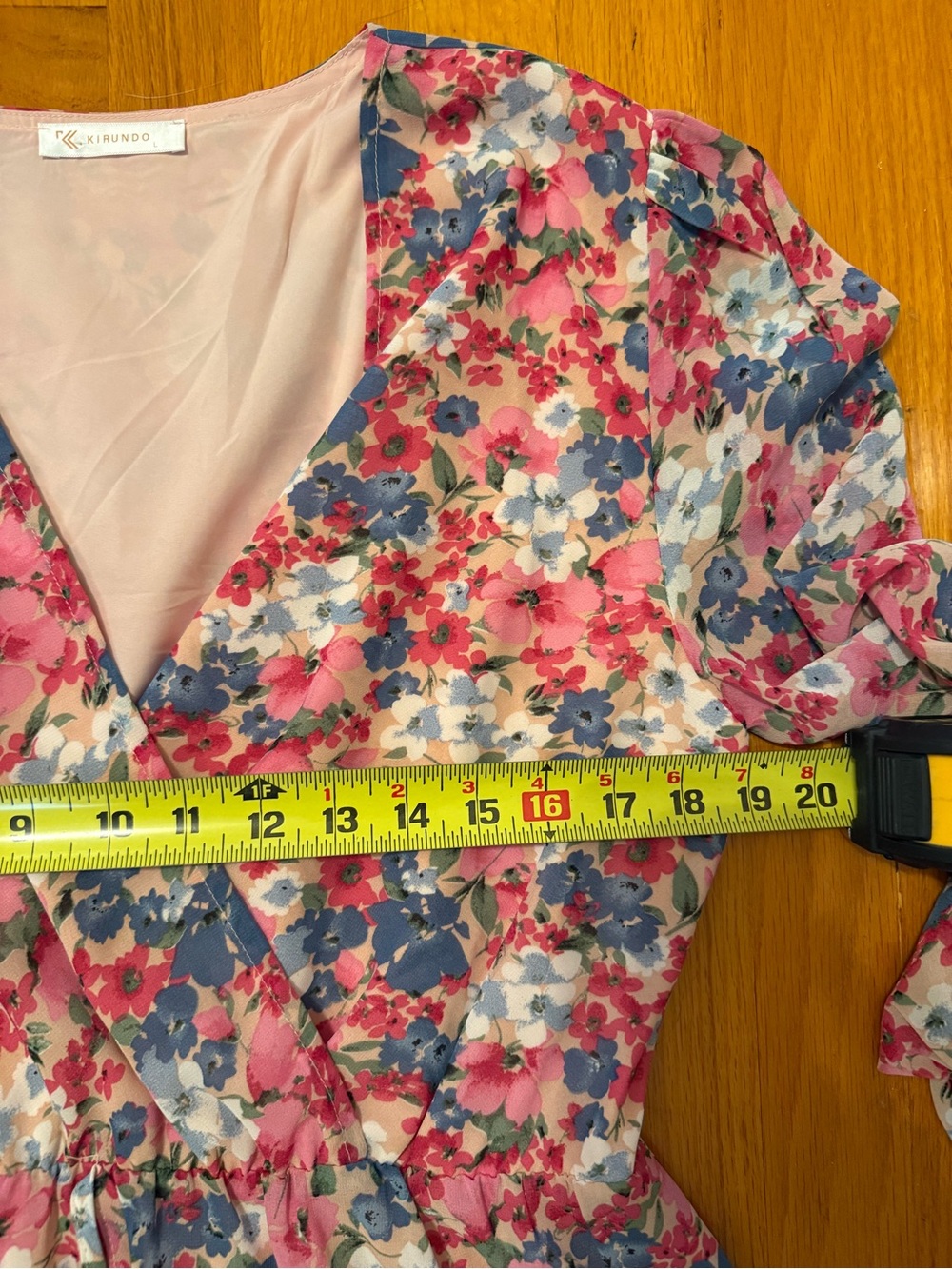 Floral Pink Asymmetrical Wrap Dress with Ruffle Hem - Picture 6 of 6